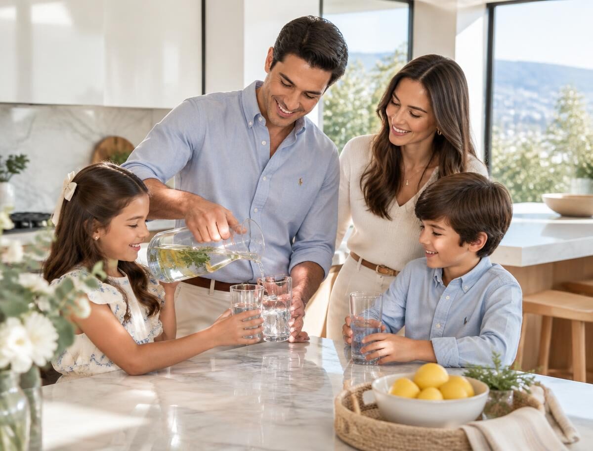 Familia sirviendo agua purificada en casa
