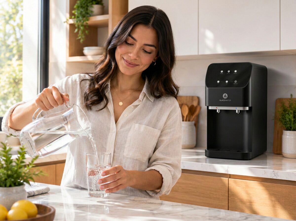 Mujer sirviendo agua en su cocina con su Glazz Smart
